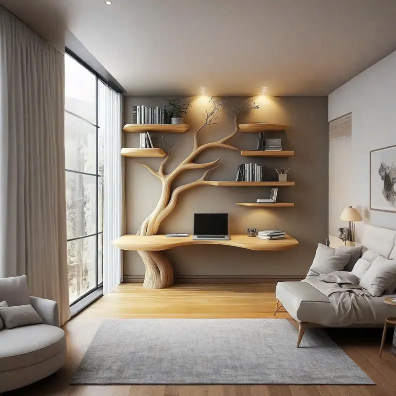 Rustic Narrow Floating Live Edge Side Table Tree Bookshelf Gift For Living Room