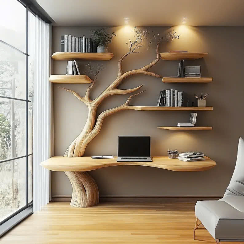 Rustic Narrow Floating Live Edge Side Table Tree Bookshelf Gift For Living Room